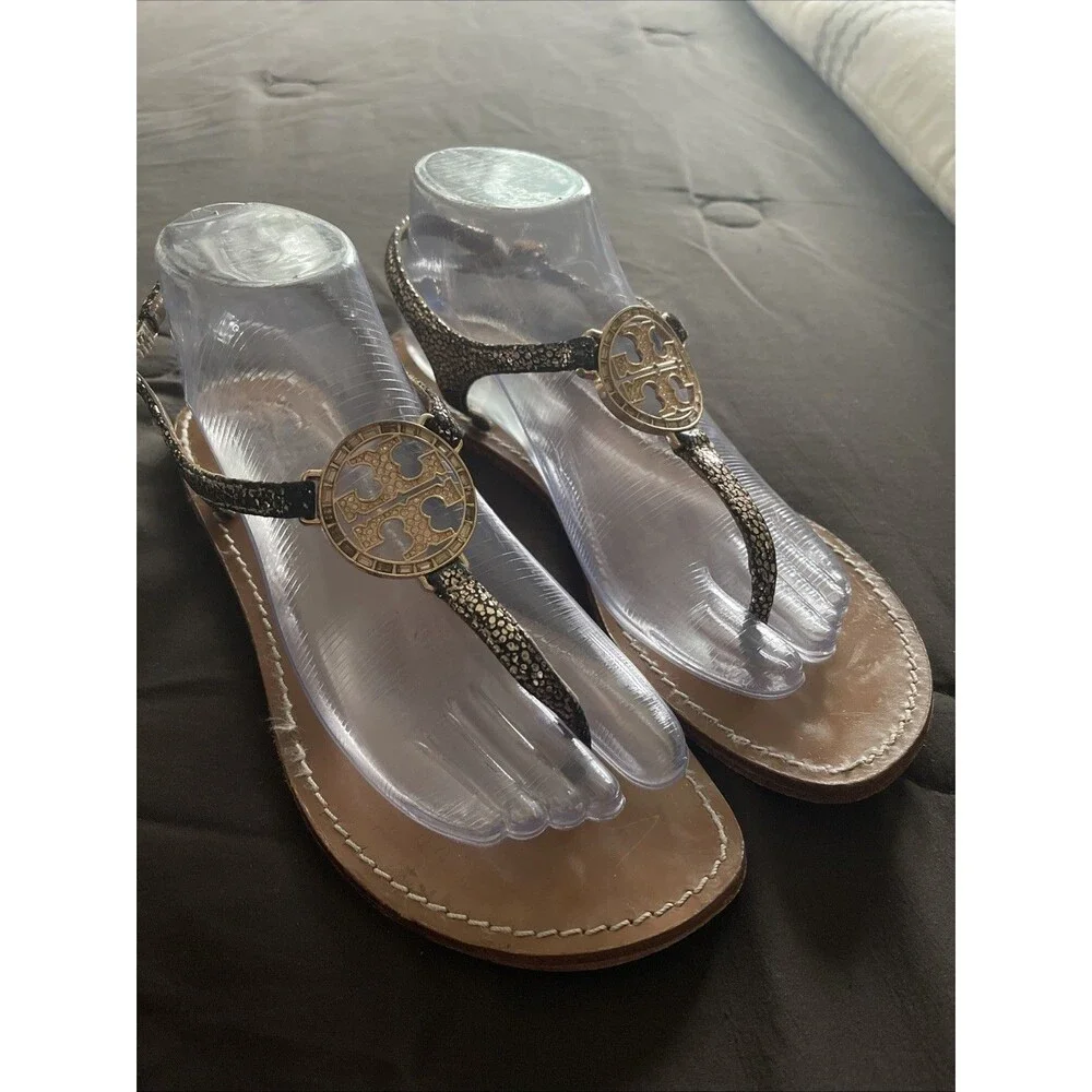 Tory Burch Sandal Women Size 8  T-Strap Thong Black /Gold Leather  Rhinestone